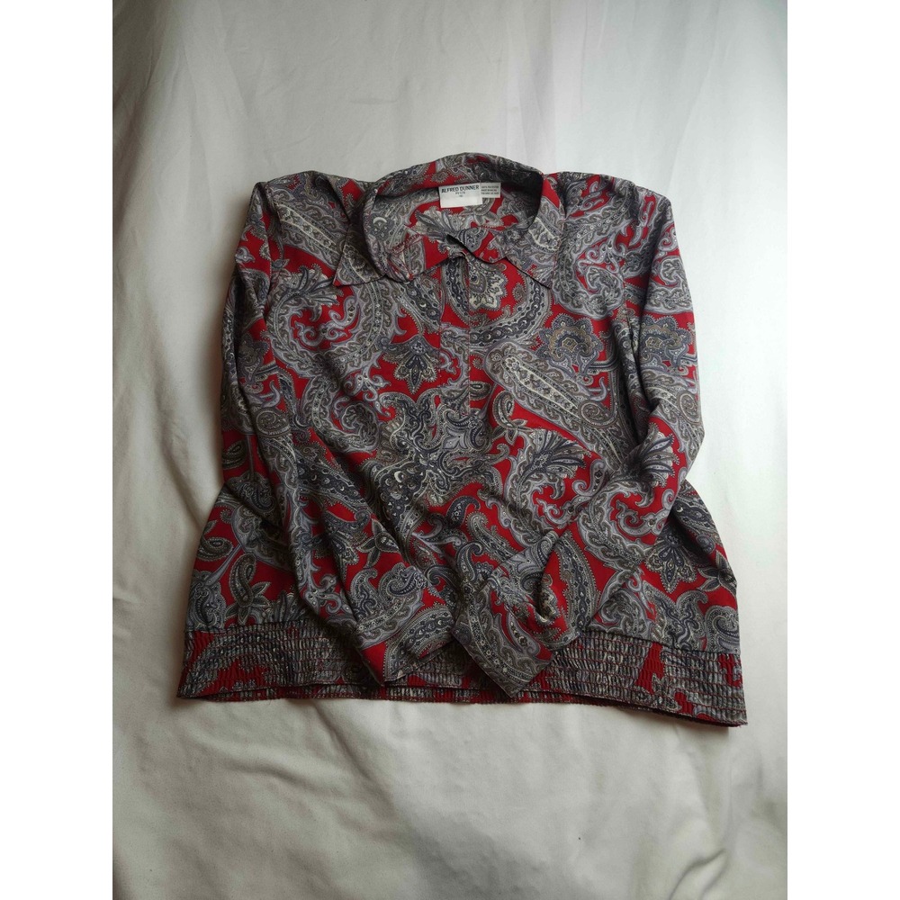 Alfred Dunner Petite 16 Blouse Red Grey Paisley Smocked Waist Long Sleeve Top